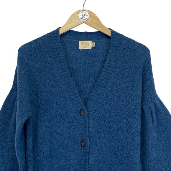 NATION Ltd Alpaca Wool Blend Cardigan Blue Puff Sleeve Sweater Cozy Chic Size XS - Picture 4 of 9